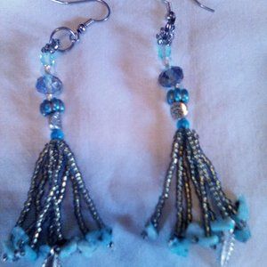 Hand Crafted  Blue n Silver with Leaf Earrings